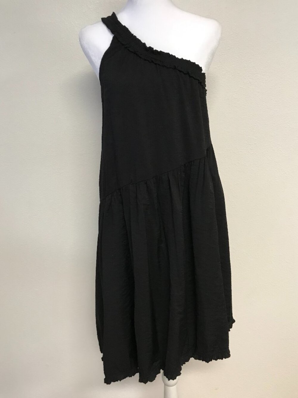 Anthropologie One Shoulder Ruffle Asymmetrical Mini Dress XS Black NWOT